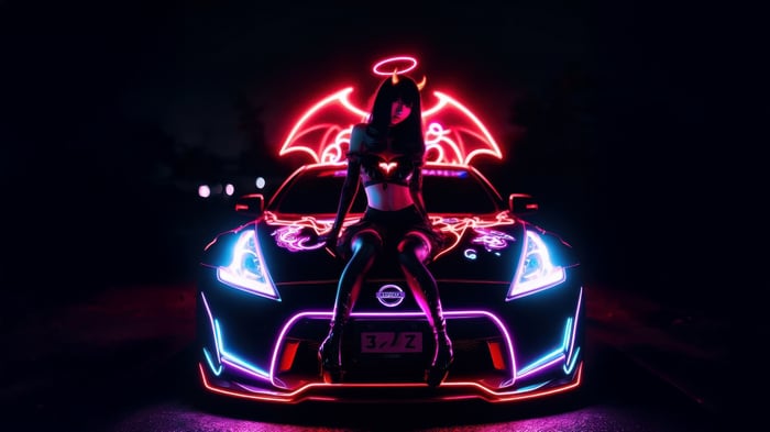 Woman with Devil Wings and Halo on a Neon Car