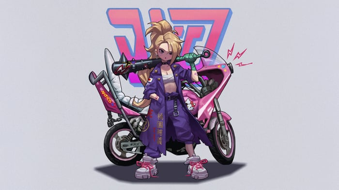 Tokyo Biker Girl with Spiked Bat and Pink Motorcycle