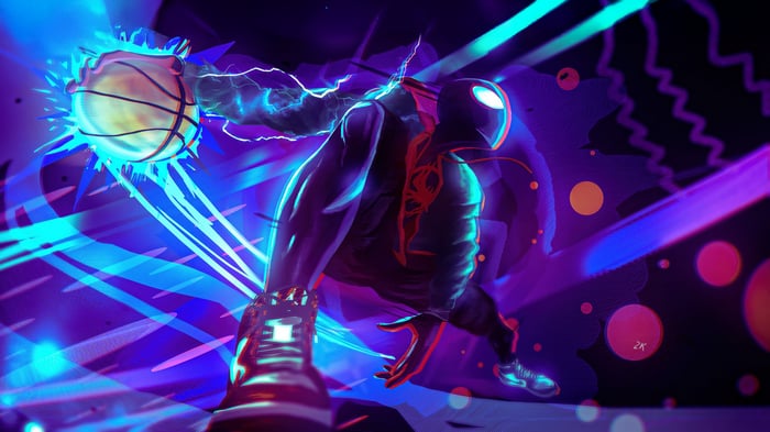 Miles Morales playing basketball with electric powers