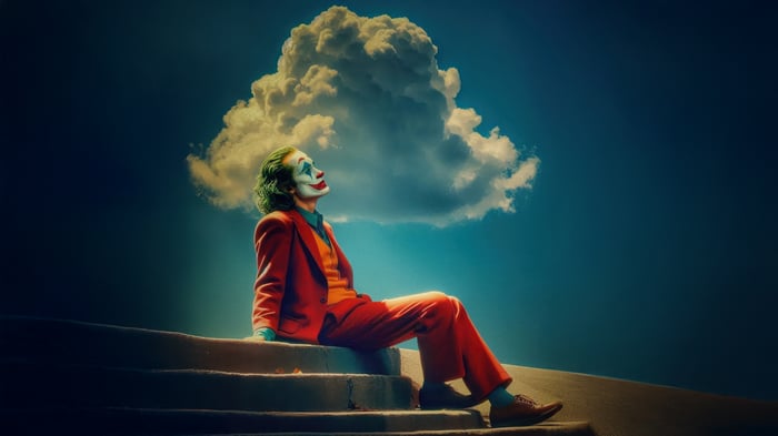 Joker sitting on stairs looking at a cloud