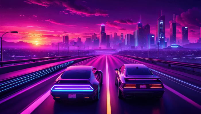 Synthwave Cars Cruising Towards a Neon City Skyline