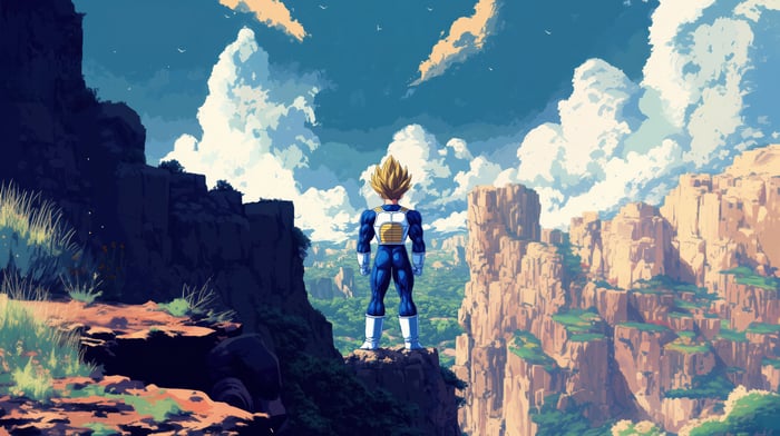 Super Saiyan Vegeta standing on a cliff