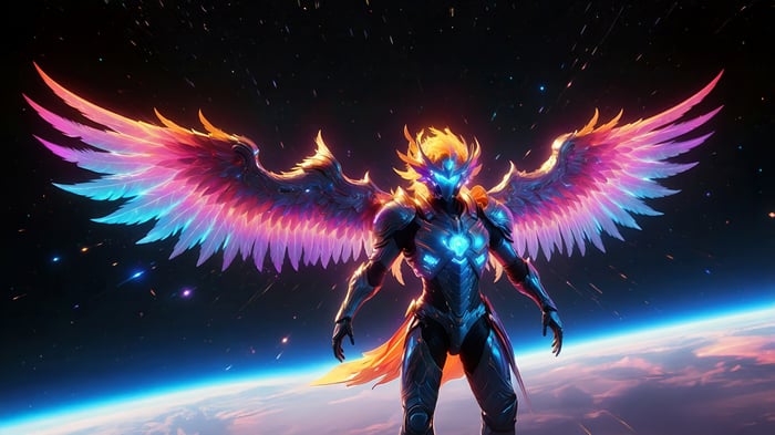 Futuristic Galactic Sentinel with Neon Wings