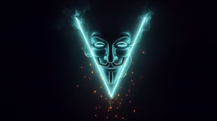 Anonymous mask with neon blue outline and smoke
