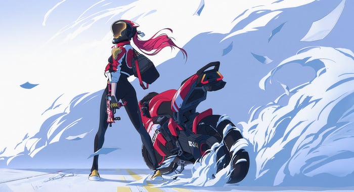 Girl with motorcycle racing through frost