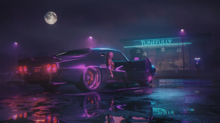Nightcall: Woman exiting a classic car at night