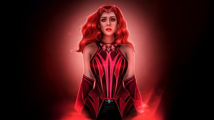 Scarlet Witch with red wavy hair and costume