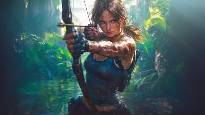 Lara Croft aiming a bow and arrow in a jungle