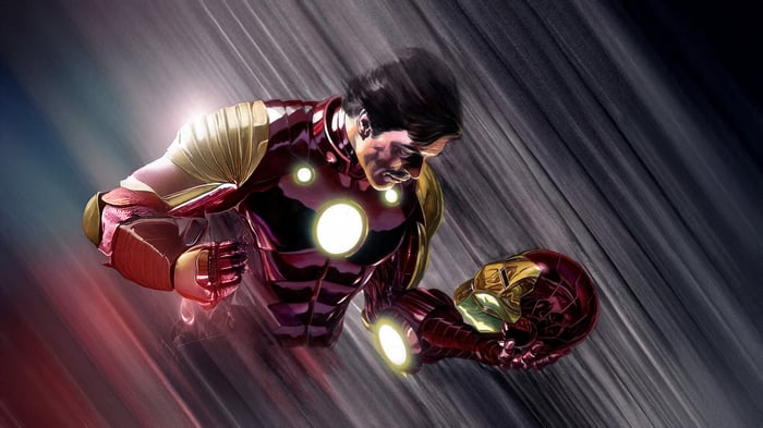 Iron Man holding his helmet