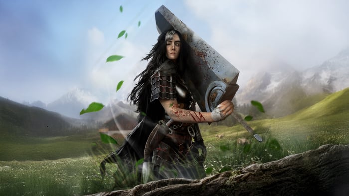 Lady Berserk with a large sword in a field