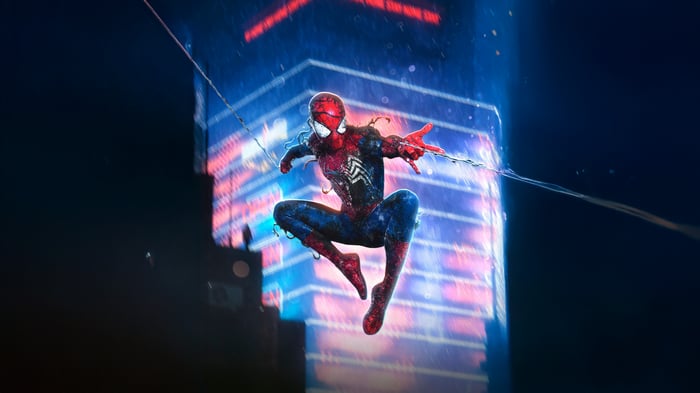 Spider-Man in a dynamic pose against a city backdrop