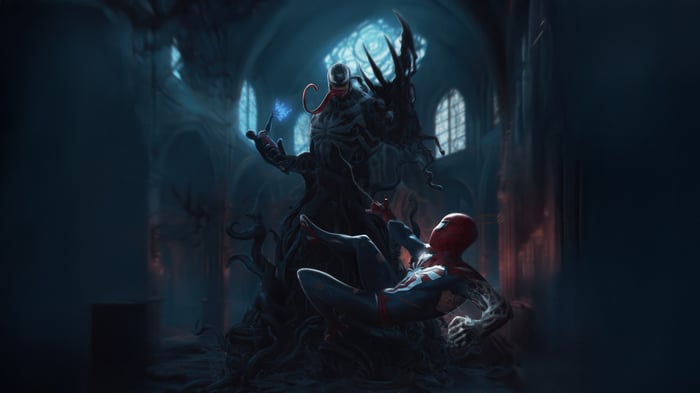 Spider-Man vs. Venom in a Gothic Cathedral