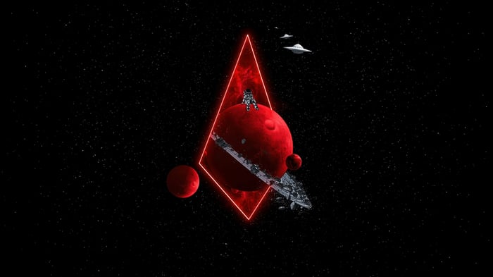 Astronaut meditating on a red planet with UFOs