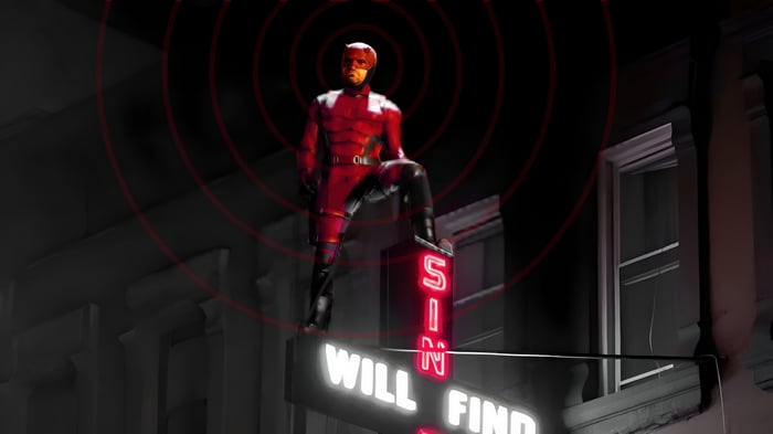 Daredevil on a rooftop with neon signs