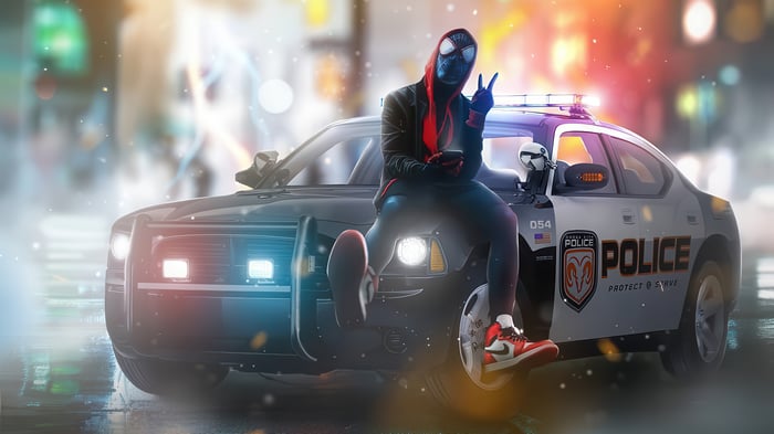 Spider-Man Miles Morales sitting on a police car