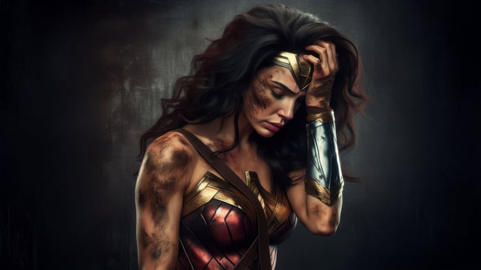 Wonder Woman looking defeated and dirty