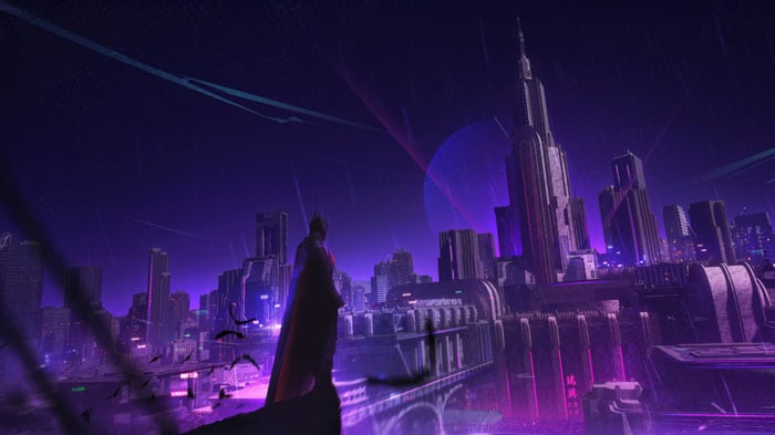 Batman overlooking a futuristic Gotham City at night