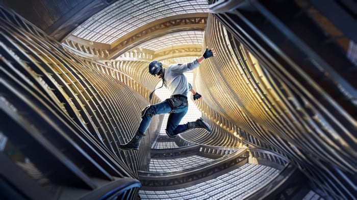 PUBG Helmet Guy Jumping in Futuristic Building