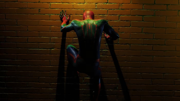 Spiderman climbing a brick wall at night