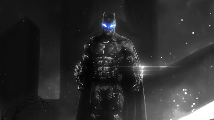 Batman with glowing blue eyes