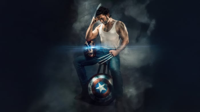 Wolverine with Iron Man mask and Captain America shield