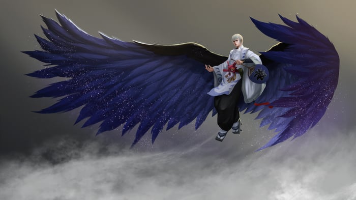 Man with large blue wings in traditional Japanese attire