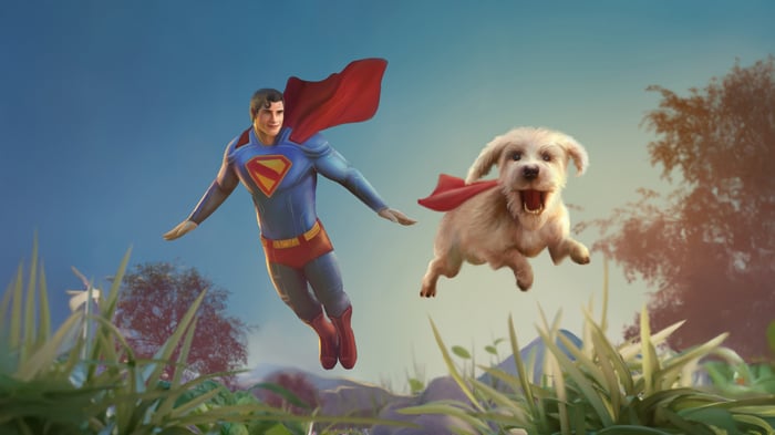 Superman and Krypto flying in the sky