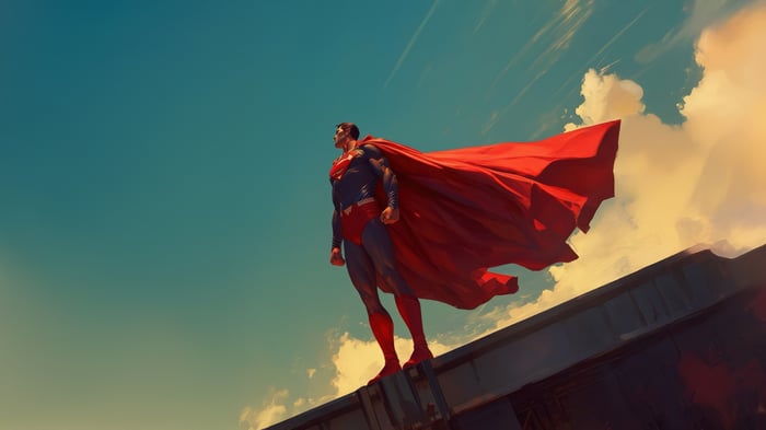 Superman in a power stance on a rooftop