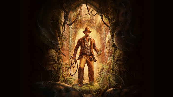 Indiana Jones in a jungle cave with snakes