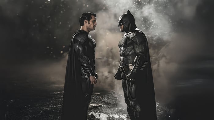 Superman and Batman face off in a dark setting