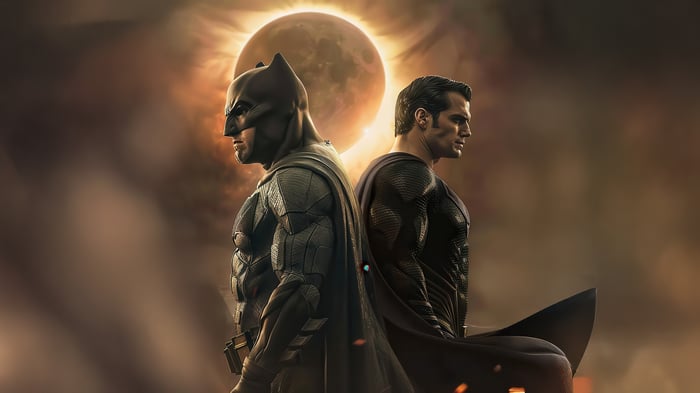 Batman and Superman stand back to back with a solar eclipse behind them.