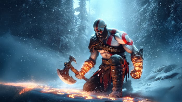 Kratos kneeling in a snowy forest with his axe