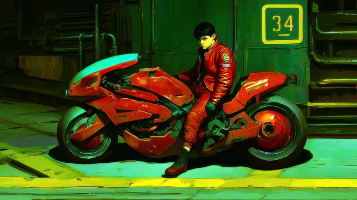 Shotaro Kaneda on a red motorcycle