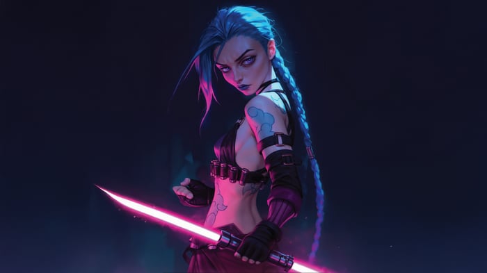 Jinx holding a pink glowing weapon