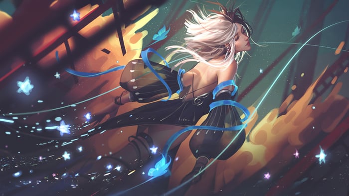 Woman with white hair flying with butterflies