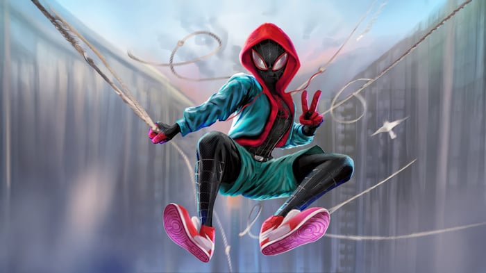 Miles Morales Swinging Through the City