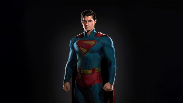 Superman in his iconic suit