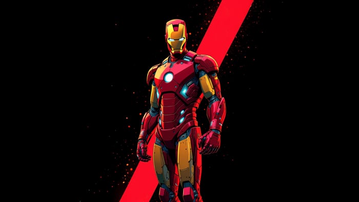 Iron Man standing against a black background with red accents
