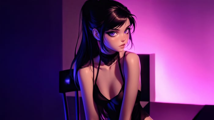 Dark Anime Beauty in Black Lingerie
