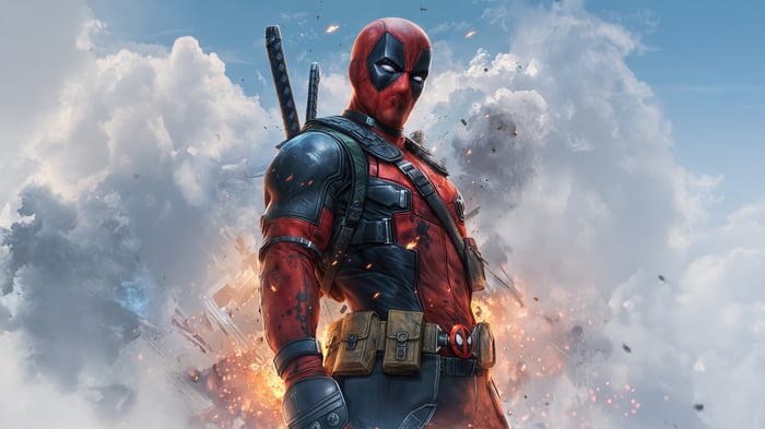 Deadpool standing in front of explosions and clouds
