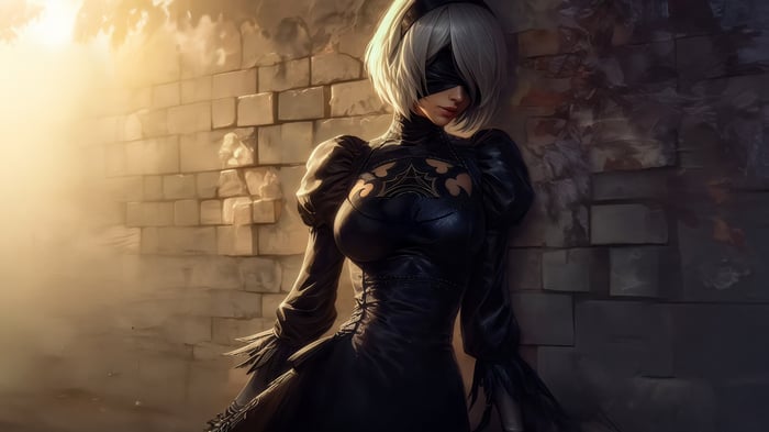 Yorha 2b from Nier Automata leaning against a brick wall