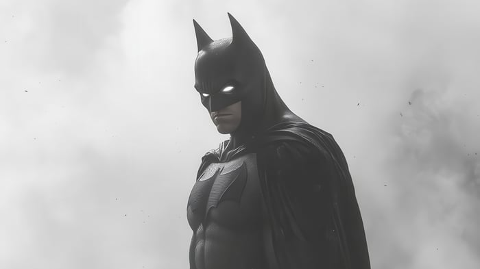 Batman in a black suit against a cloudy sky