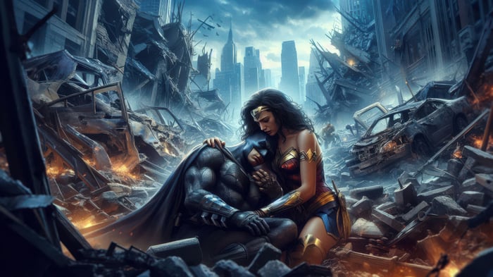 Wonder Woman comforts an unconscious Batman amidst city ruins