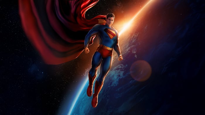 Superman flying in space with Earth and sun flare