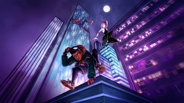 Spider-Verse Heroes in a Cityscape