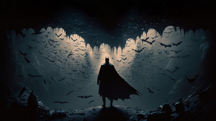Batman in the Batcave surrounded by bats