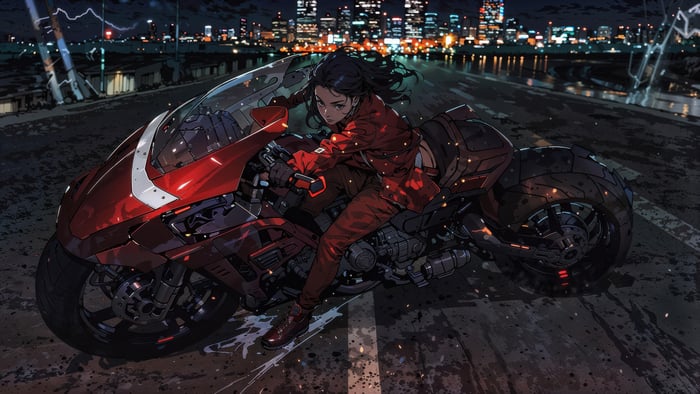 Girl on a motorcycle in a city at night