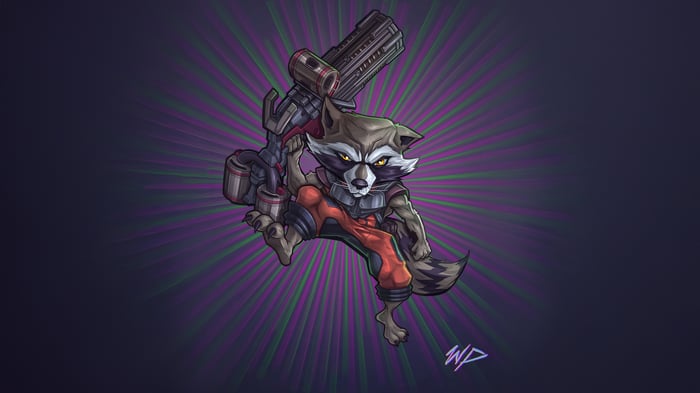 Rocket Raccoon holding a large weapon