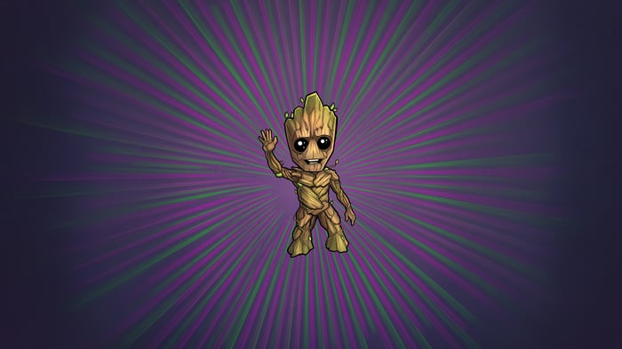Baby Groot Waving on a Purple and Green Background
