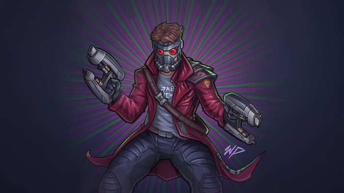 Star Lord with guns in front of purple and green rays